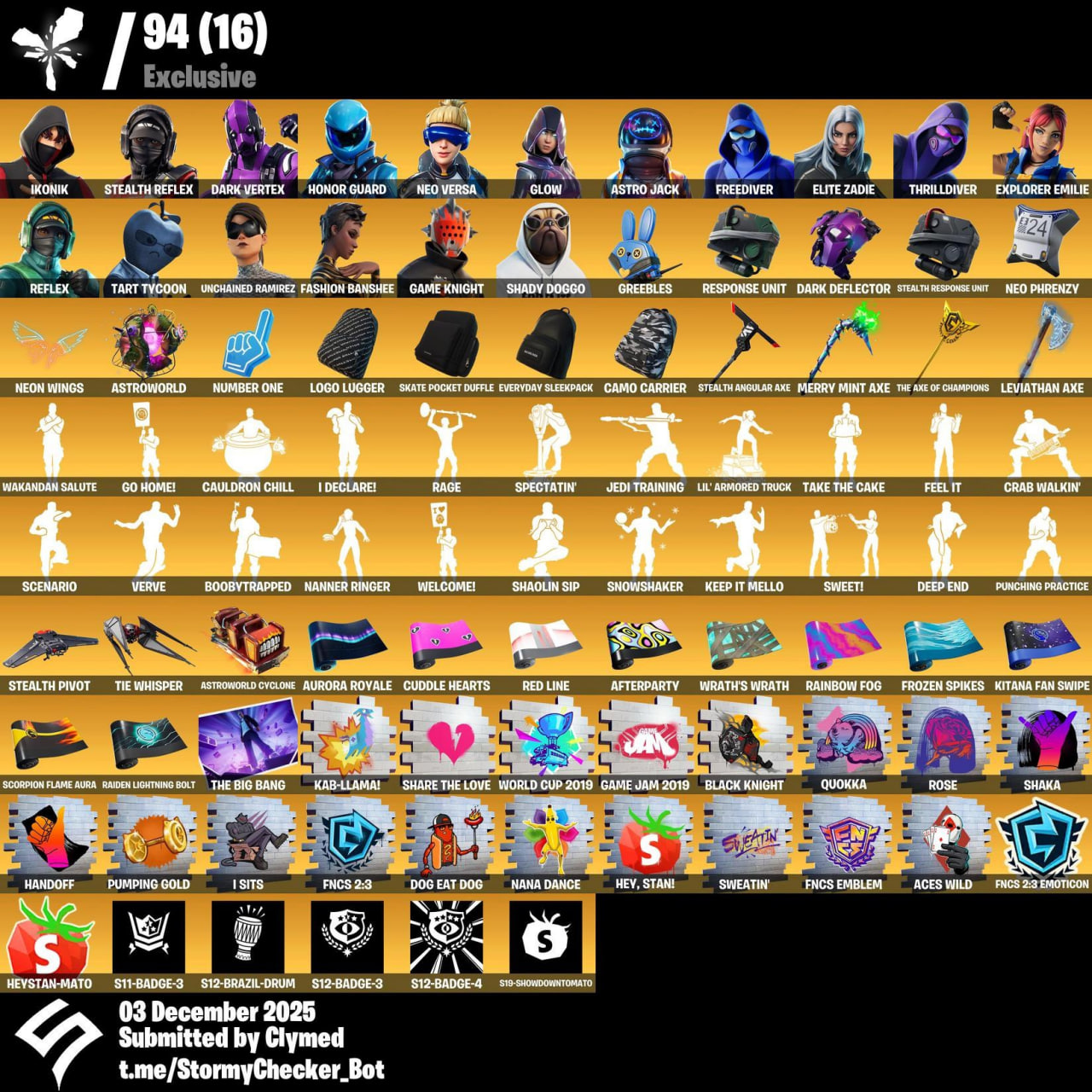 410 Skins + Ikonik + Stealth Reflex + Dark Vertex + Honour Guard + Neo + Travis + Freediver + Thrilldiver + Minty + Leviathan + 900 Real Emote Dances