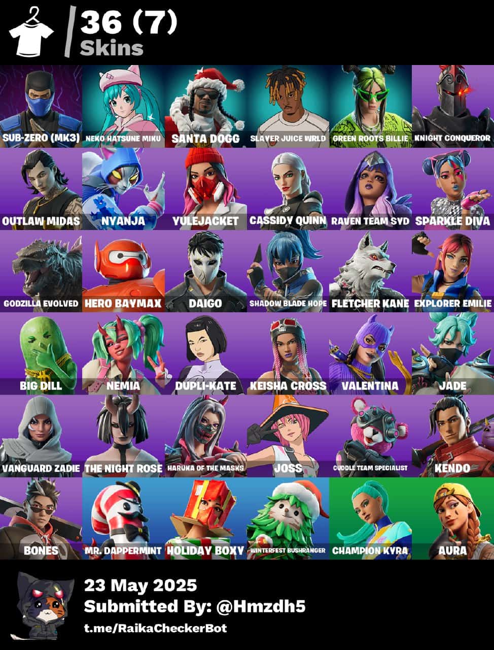 36 skins | Sub-Zero (MK3) | Neko Hatsune Miku | Santa Dogg | Slayer Juice WRLD | Green Roots Billie | Knight Conqueror | Outlaw Midas | Nyanja | 100 VB