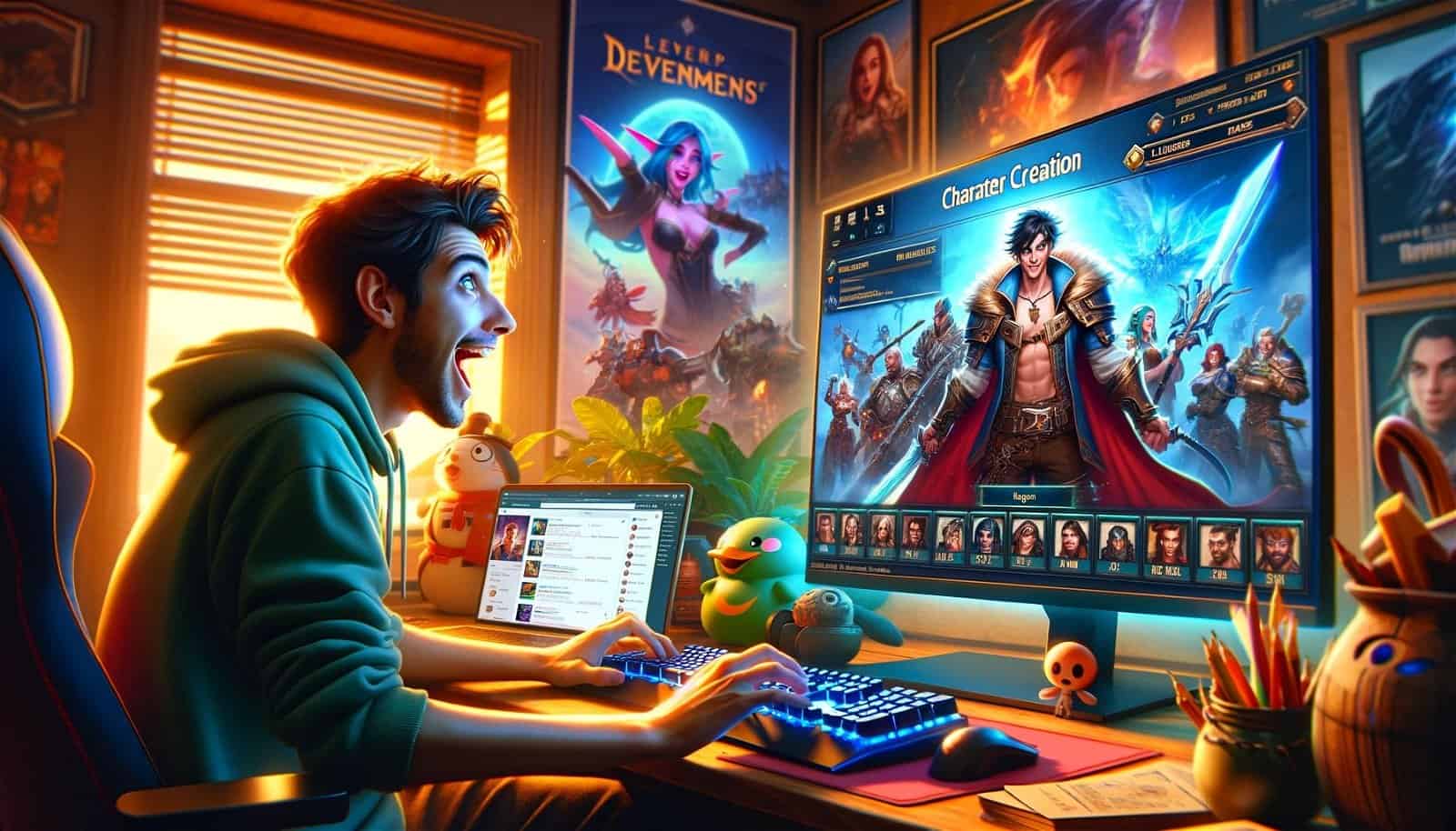 dalle2024-06-10193342-aplayersittingattheirdeskexcitedlyloadingupanewvideogamethescreenshowsacharactercreationscreenwithafantasyavatarbeingcustom