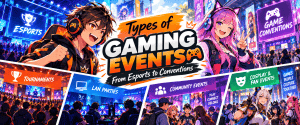 Anime-style illustration showing esports tournaments, gaming conventions, LAN parties, community events and cosplay events.
