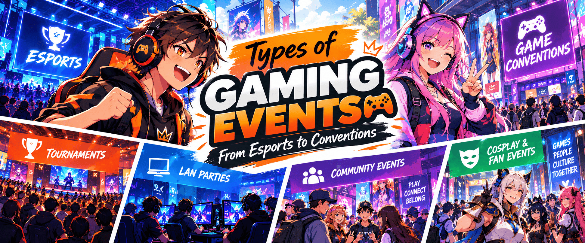 Anime-style illustration showing esports tournaments, gaming conventions, LAN parties, community events and cosplay events.