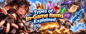 Anime-style gamer surrounded by in-game items including weapons, armour, gems, potions, coins and cosmetics for a guide explaining types of in-game items.