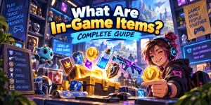 Gamer surrounded by in-game items including skins, weapons, virtual currency, pets, boosts and collectibles.