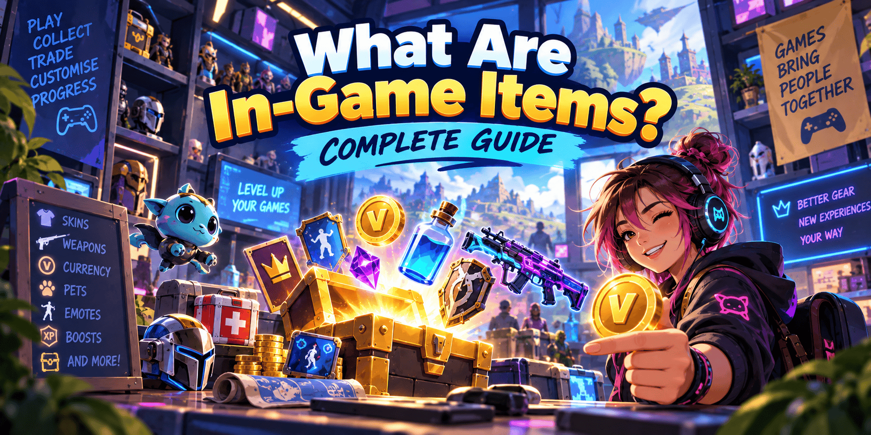 Gamer surrounded by in-game items including skins, weapons, virtual currency, pets, boosts and collectibles.