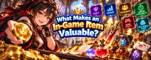 Anime-style gamer showcasing valuable in-game items, including rare weapons, gems, potions and gold coins, highlighting rarity, demand, popularity, limited availability and game utility.