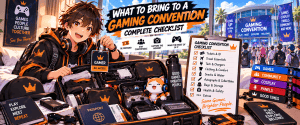 Anime-style gamer packing for a gaming convention with tickets, ID, chargers, clothing, snacks, gaming gear and other convention essentials.