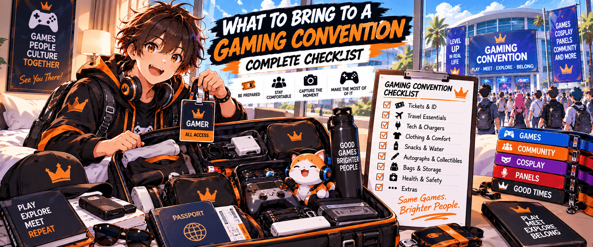 Anime-style gamer packing for a gaming convention with tickets, ID, chargers, clothing, snacks, gaming gear and other convention essentials.