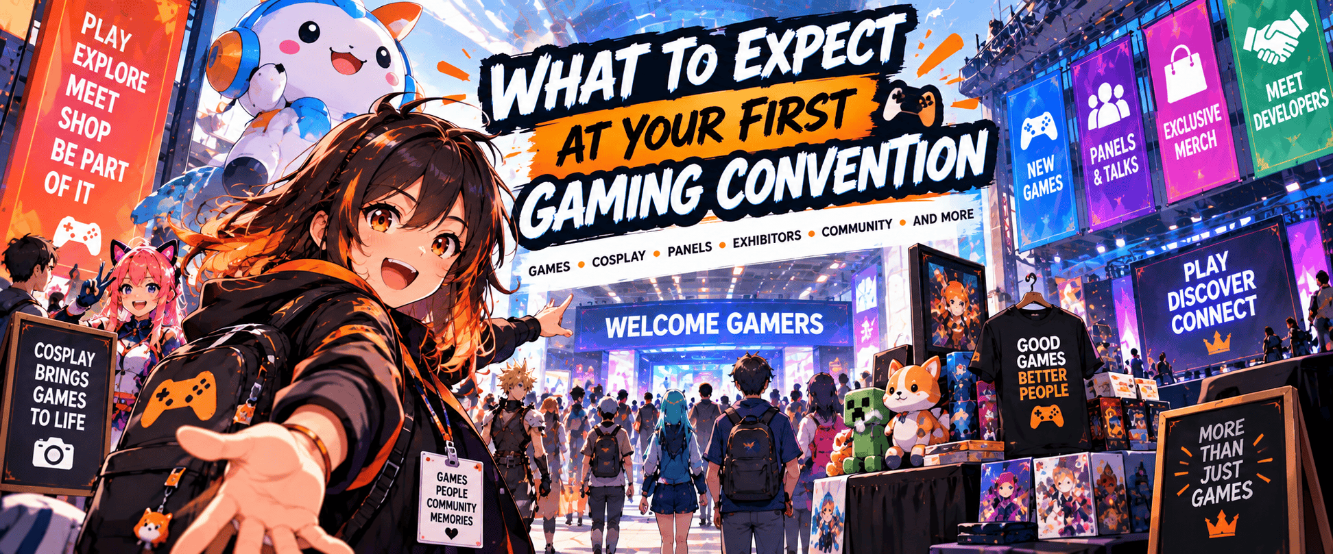 Anime-style illustration of a first gaming convention experience with games, cosplay, panels, exhibitors, merchandise and gaming fans.