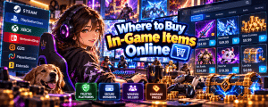 Vibrant anime-style gaming banner featuring a female gamer and golden retriever exploring online marketplaces for in-game items, including skins, weapons, mounts, pets and gaming currency, with secure payments and trusted sellers.