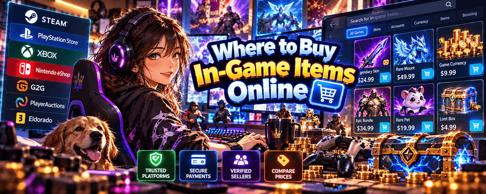Vibrant anime-style gaming banner featuring a female gamer and golden retriever exploring online marketplaces for in-game items, including skins, weapons, mounts, pets and gaming currency, with secure payments and trusted sellers.
