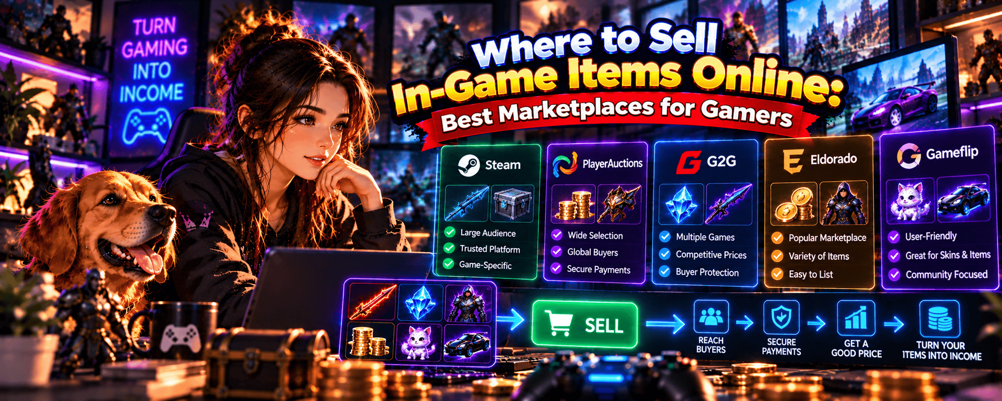 Vibrant anime-style gaming banner featuring a female gamer and golden retriever comparing online marketplaces for selling in-game items, including Steam, PlayerAuctions, G2G, Eldorado and Gameflip, with rare weapons, skins, currency and secure selling options.