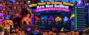 Vibrant anime-style gaming banner featuring a frustrated female gamer and golden retriever reviewing unsold in-game items, with rare weapons, marketplace listings, declining sales, pricing problems and practical tips to attract buyers and increase sales.